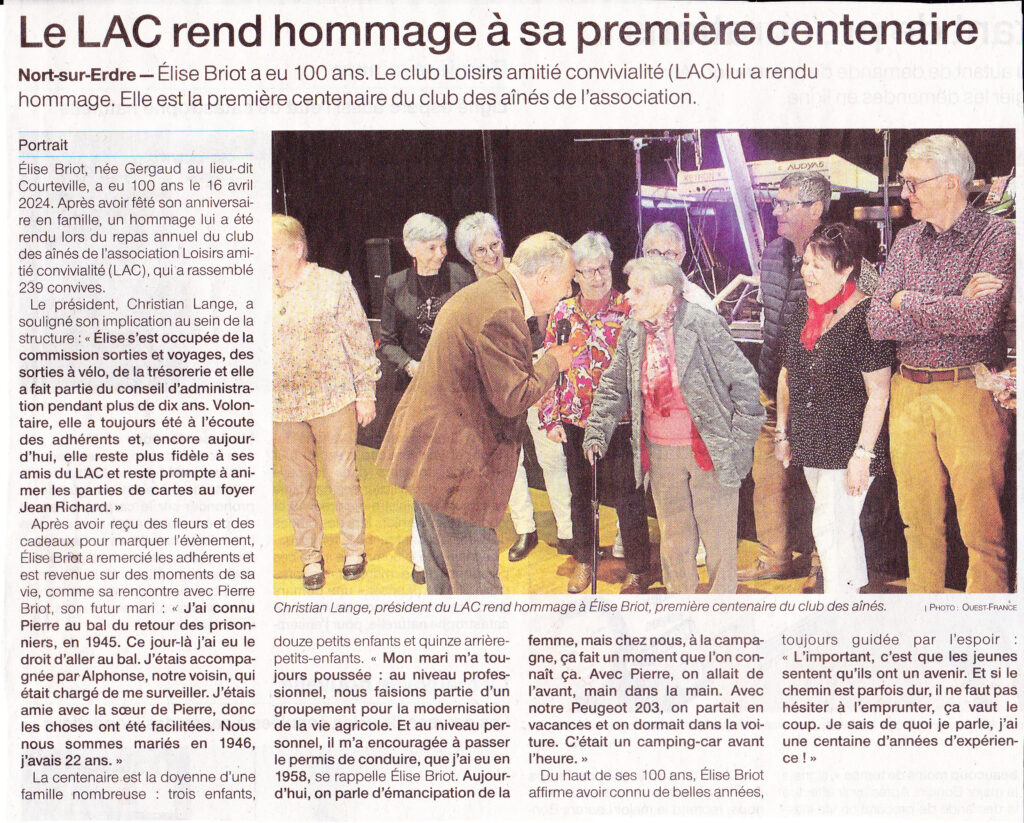 Article Ouest France sur l’hommage du LAC à sa première centenaire Mme Elise Briot
