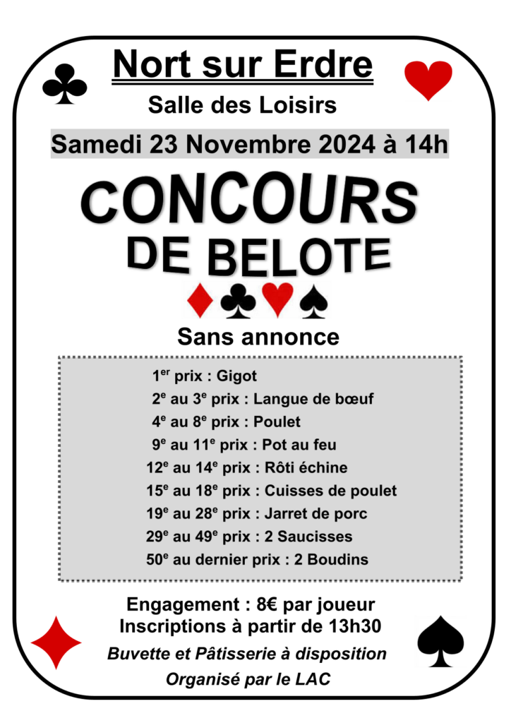 Concours de belote le samedi 23 novembre à 14h salle des loisirs à Nort sur Erdre