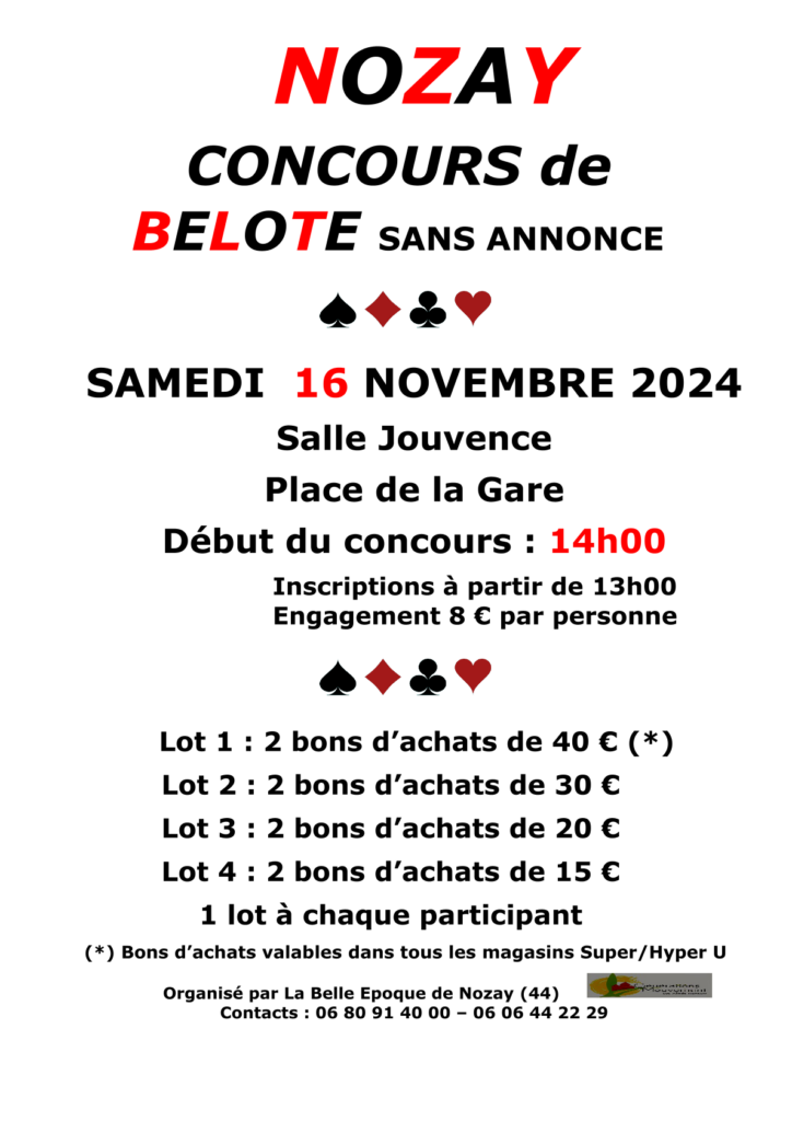 Concours de belote samedi 16 novembre salle Jouvence place de la gare à Nozay