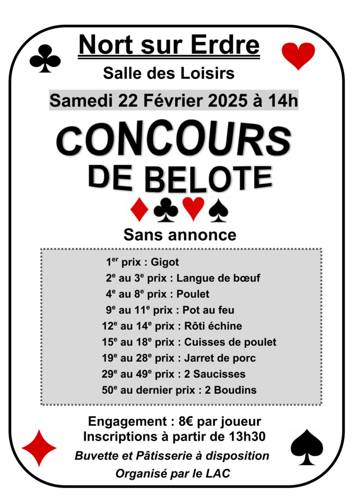 Concours de belote le samedi 22 février 14h salle des loisirs Nort sur Erdre