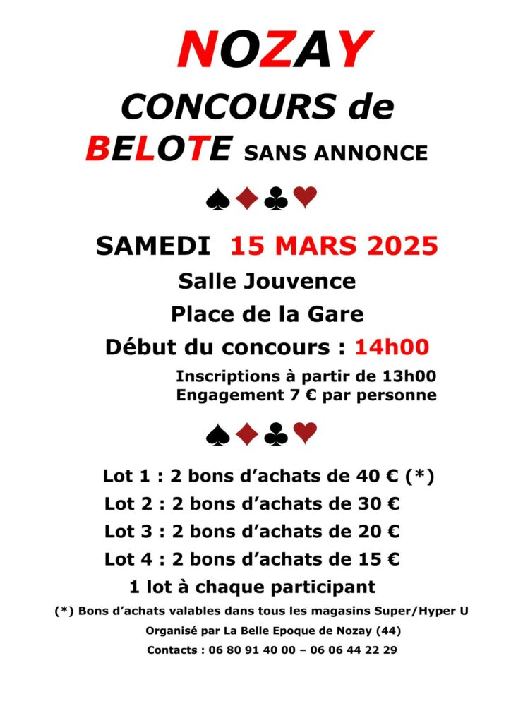 Concours de belote samedi 15 mars organisé par le club de Nozay