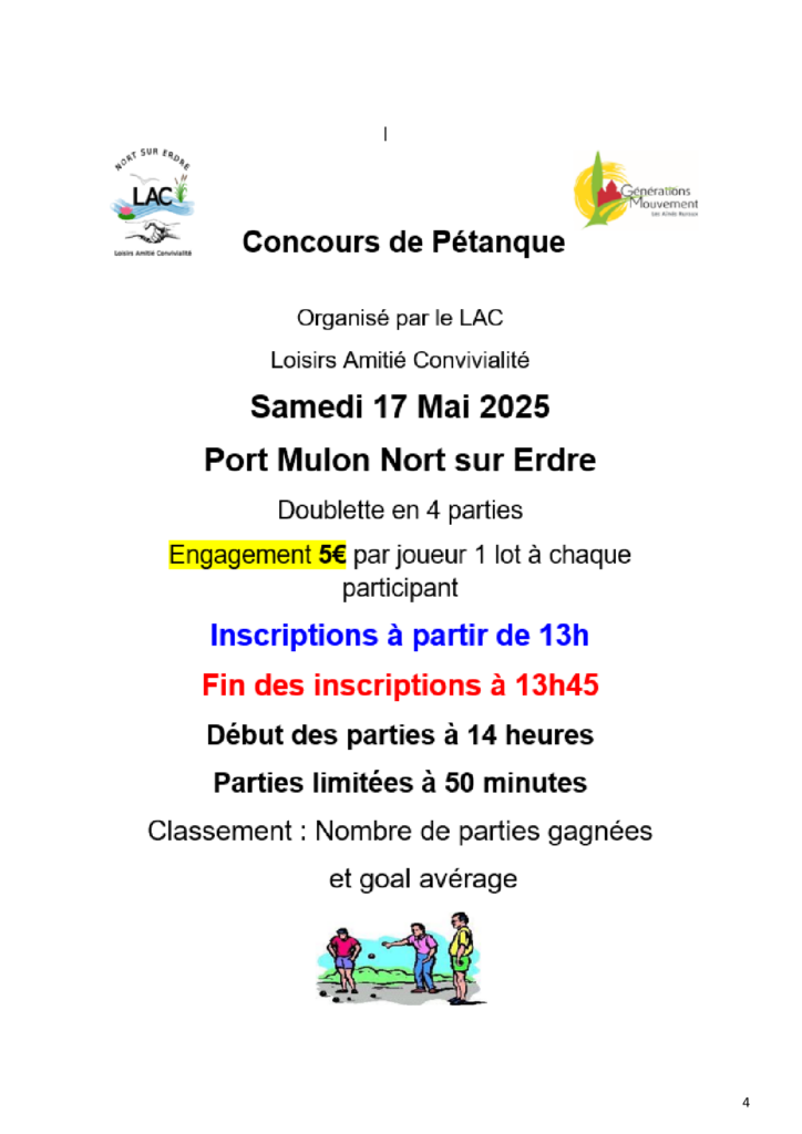 Concours de pétanque samedi 17 mai 2025 à Port Mulon Nort sur Erdre