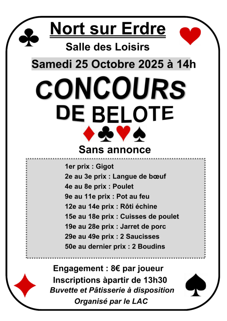 Concours de belote le samedi 25 Octobre 2025 14h salle des loisirs Nort sur Erdre