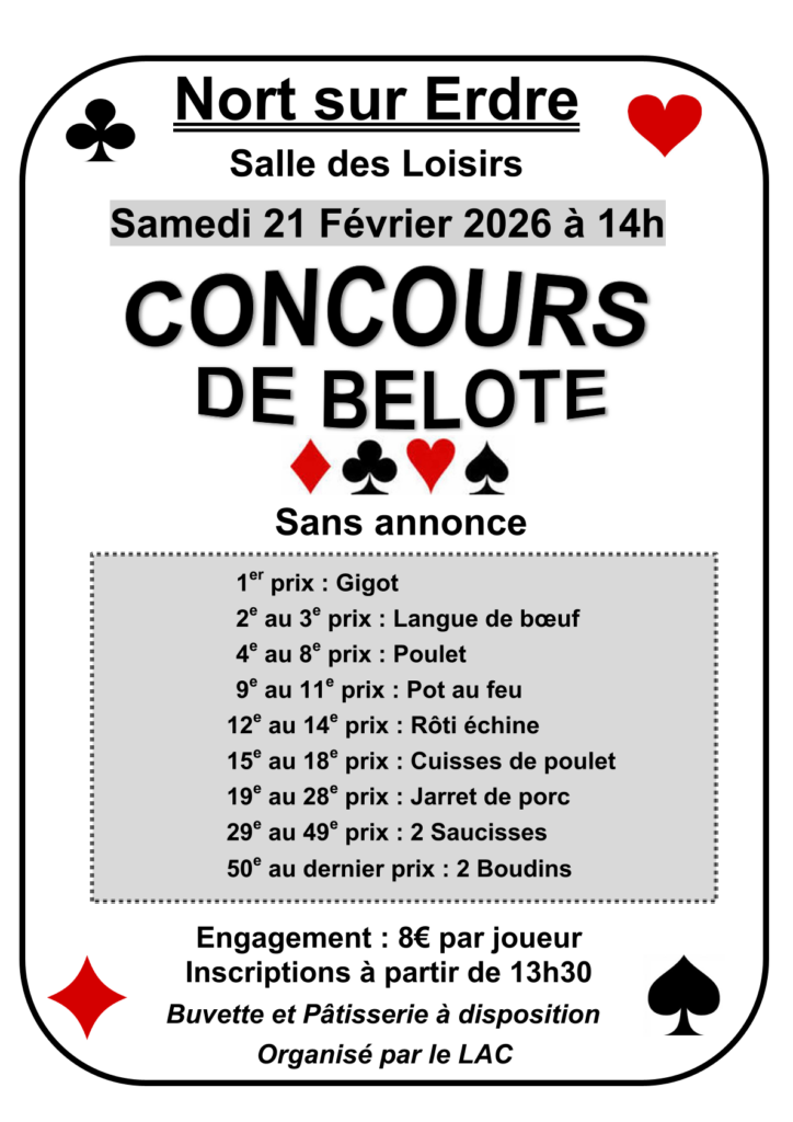 Concours de belote le samedi 21 Février 2026 14h salle des loisirs Nort sur Erdre