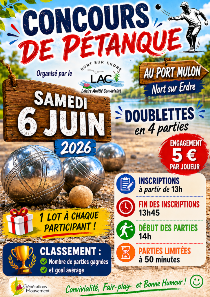 Concours de pétanque le Samedi 6 juin 2026 au Port Mulon à Nort sur Erdre